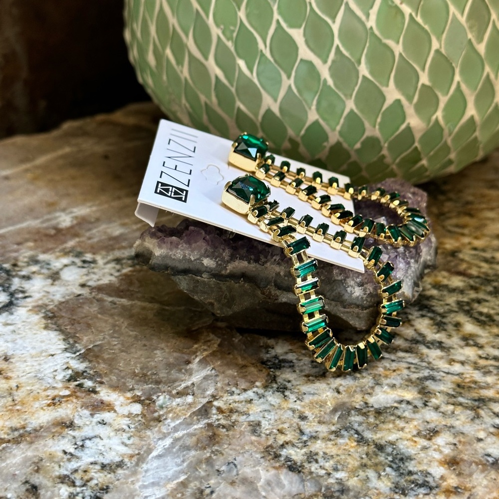 Gold Green Gemstone Earrings - Picture 10 of 11